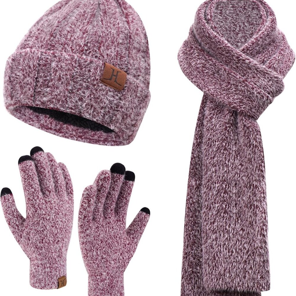 Womens Winter Warm Knit Beanie Hat Touchscreen Gloves Long Neck Scarf Set with F